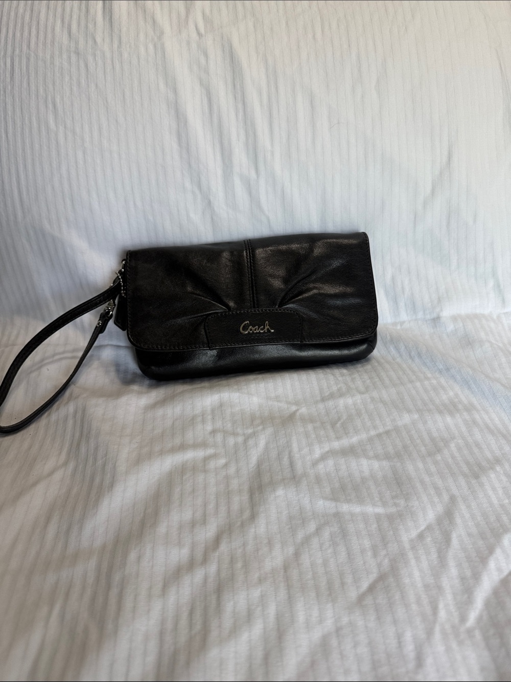 Coach Black Leather Fold-Over Wristlet Clutch